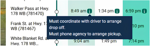 A transportation schedule showing locations, times, and a pop-up with coordination instructions.